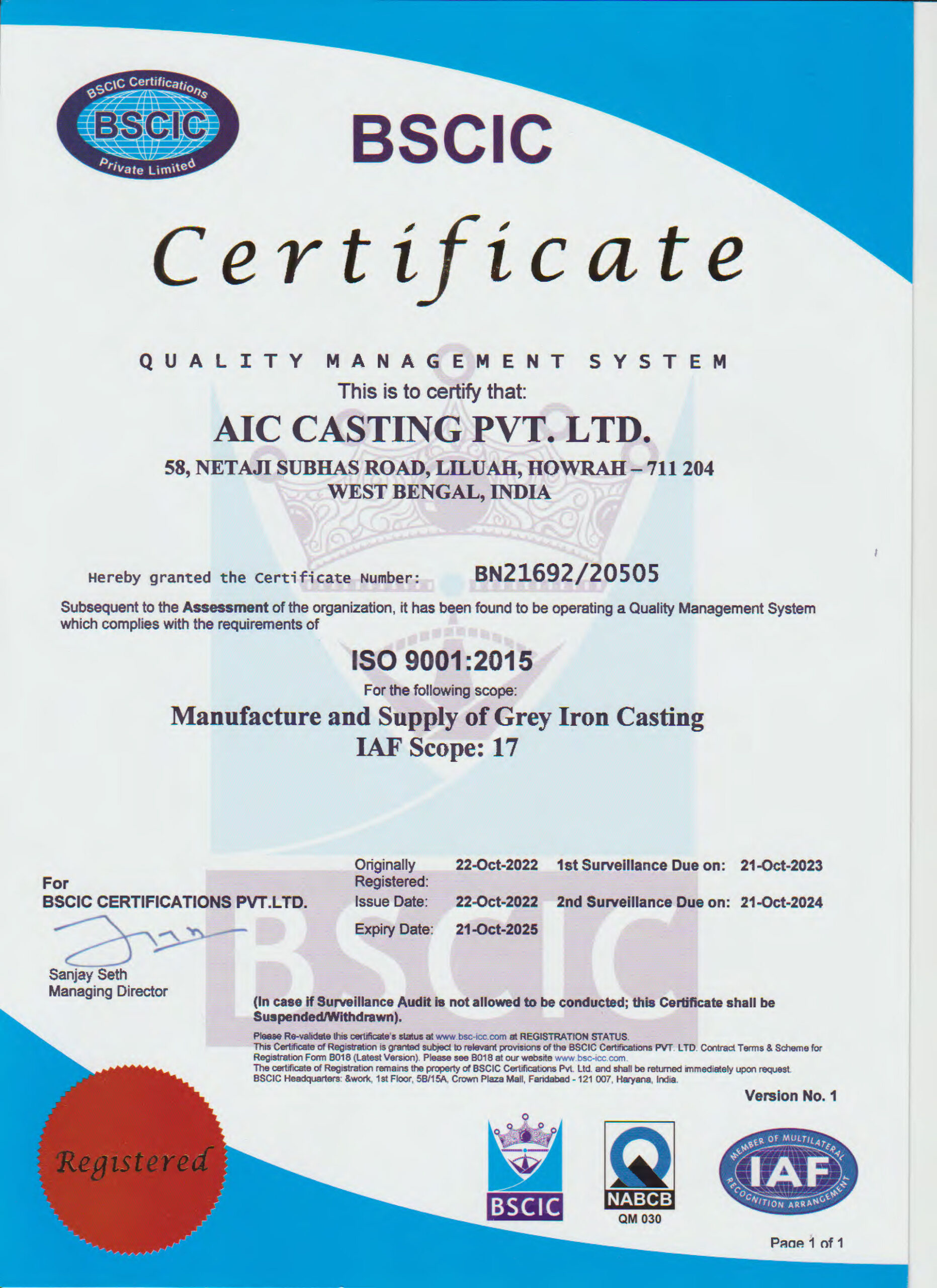 AIC Casting- ISO 9001:2015 | AIC Certification