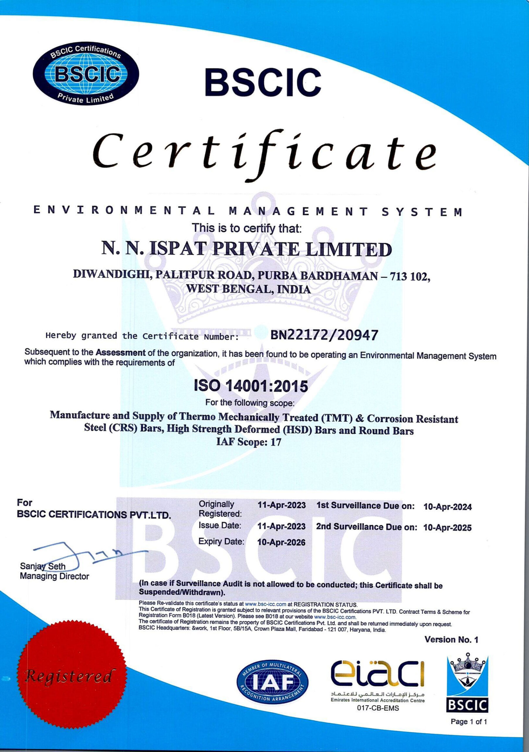 N.N. Ispat- ISO 14001:2015 | AIC Certification