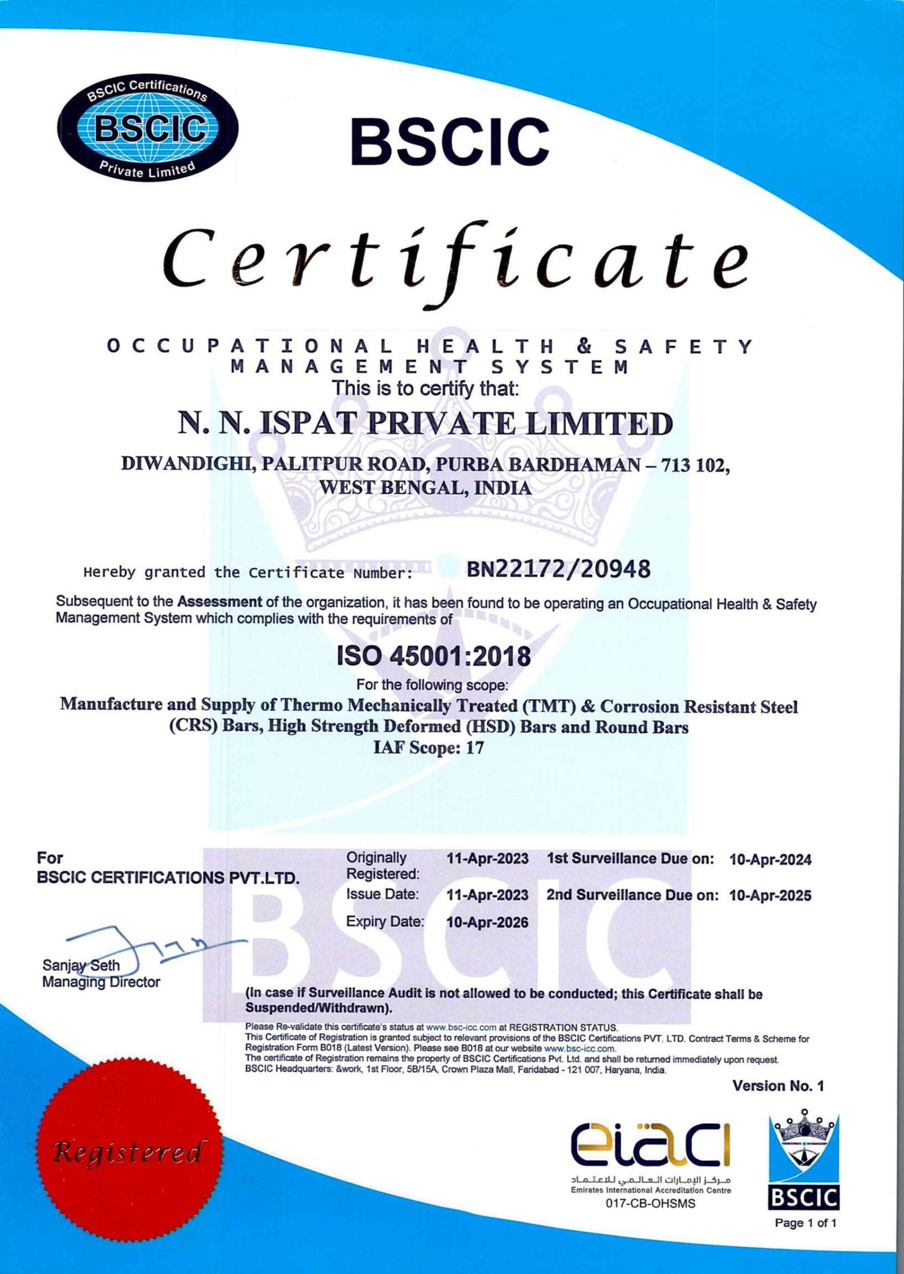 N.N Ispat ISO 45001:2018 | AIC Certification