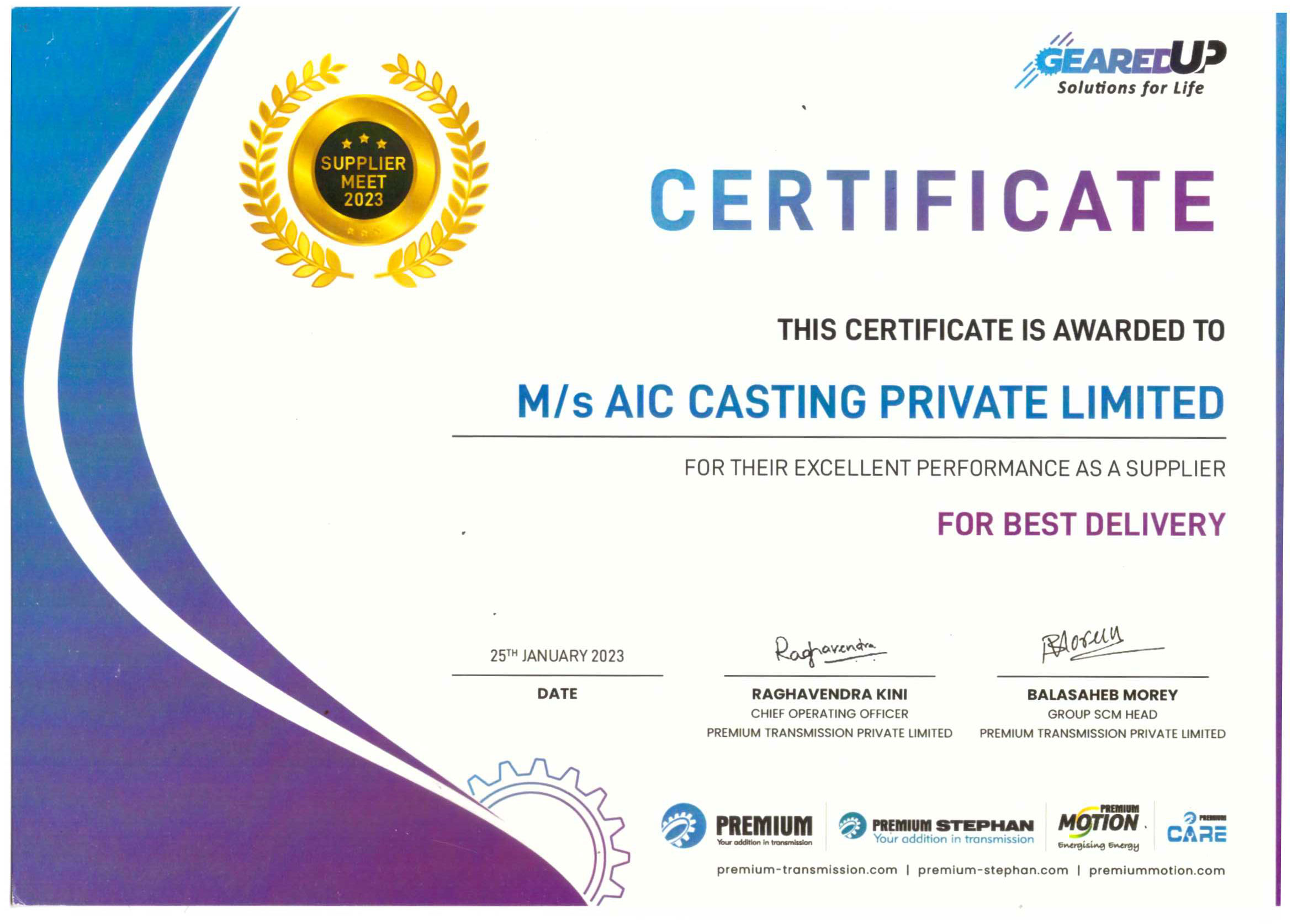 Excellent Performance as a Supplier | AIC Certification
