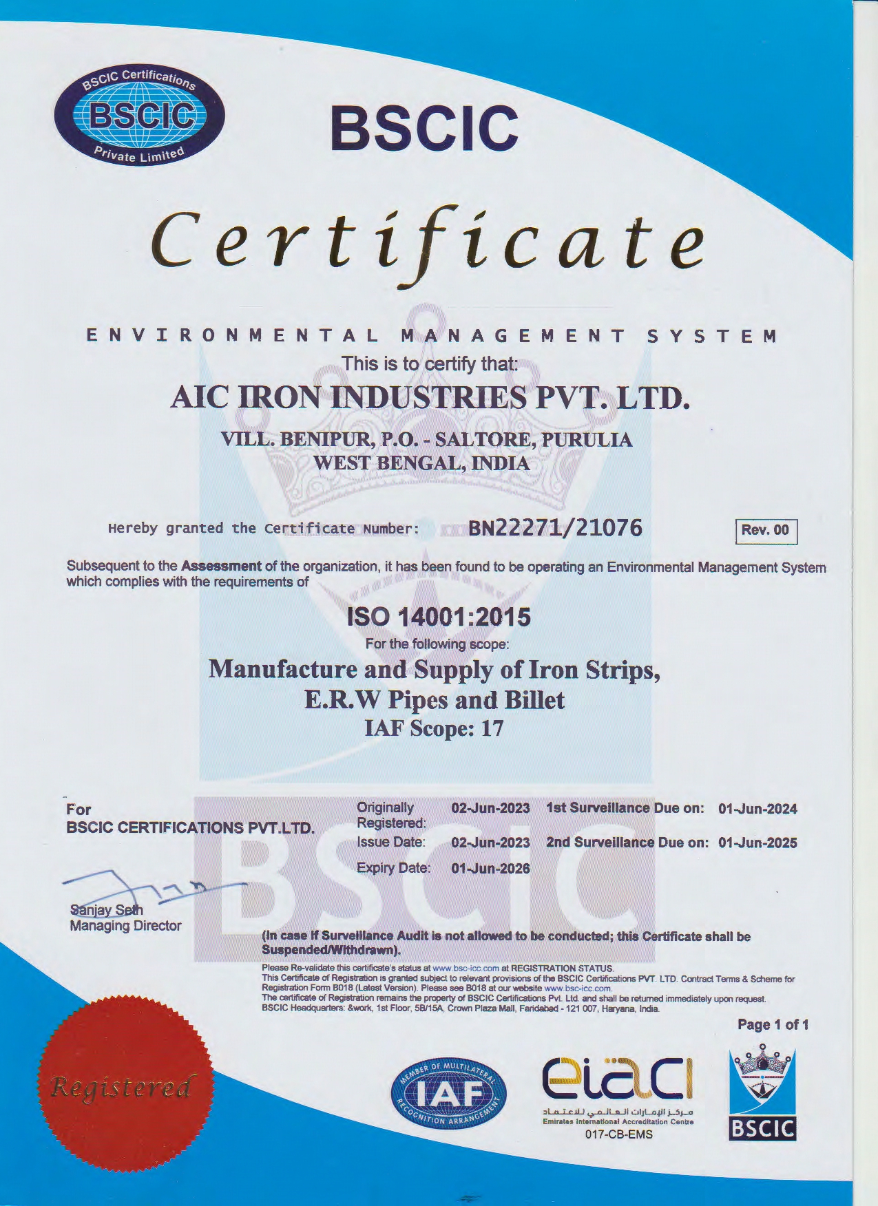 AIC Iron Certificate - ISO 1400:2015