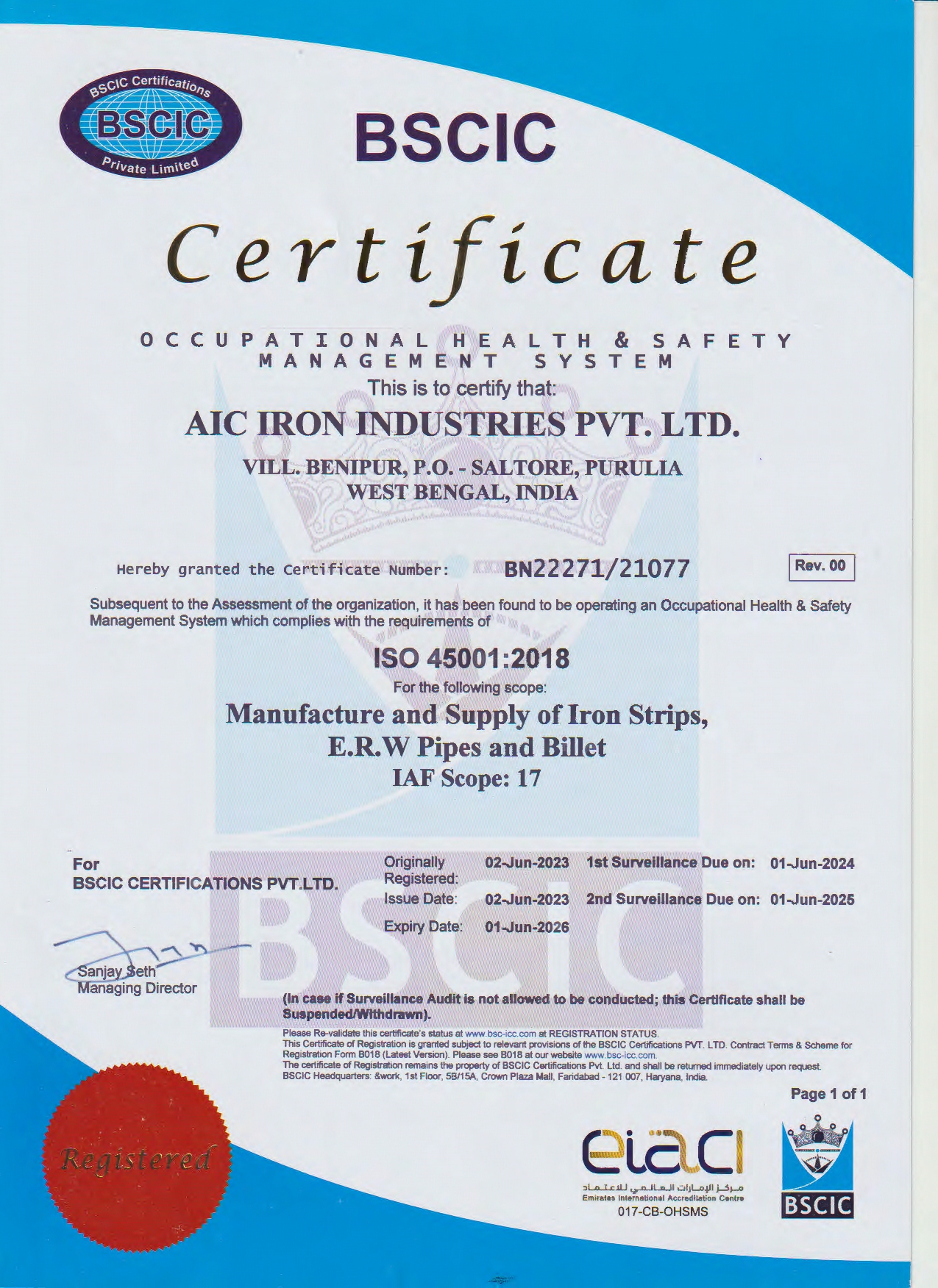 AIC Iron Certificate - ISO 45001:2018