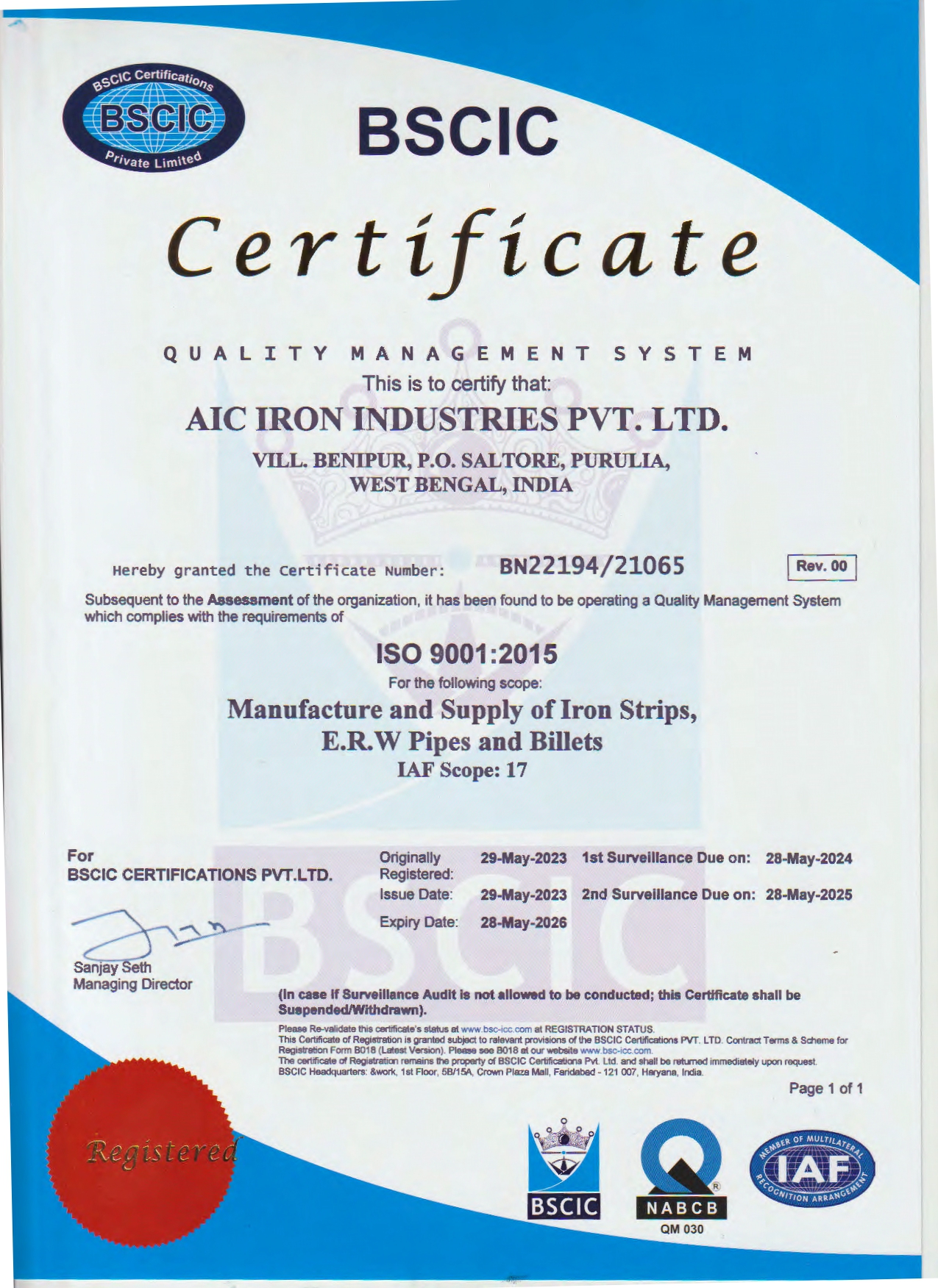 AIC Iron Certificate - ISO 9001:2015